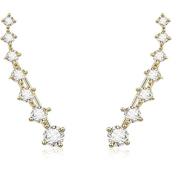 925 Sterling Silver 7 Crystals Cuff Earrings Climber for Women Crawler Earrings - Picture 7 of 7